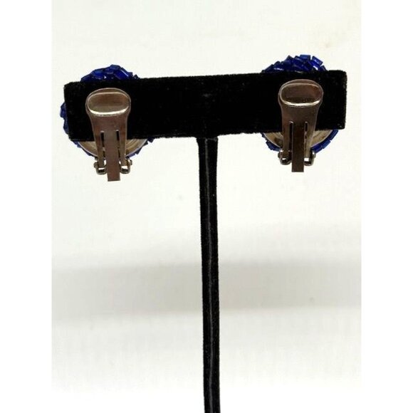 Vintage Blue Seed Bead Cluster Clip On Earrings w/ Blue Cabochon Center - Picture 5 of 7